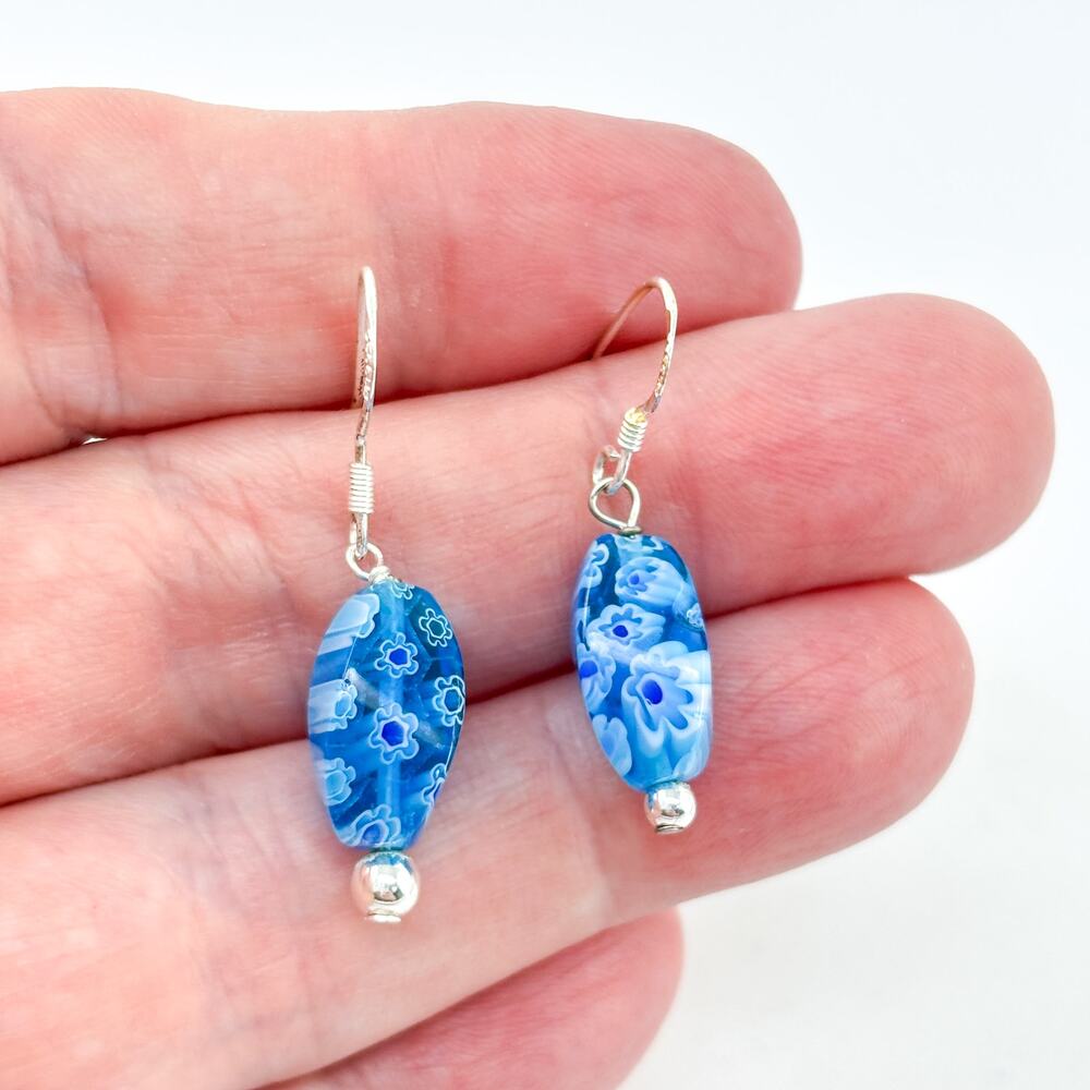 Vintage Sterling Silver 925 Blue Millefiori Glass Bead Earrings